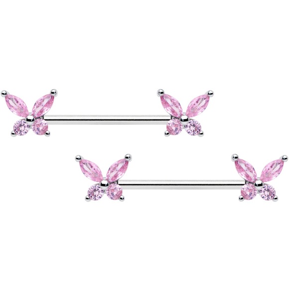 Pink Butterfly Barbell Nipple Ring Set - Picture 1 of 2